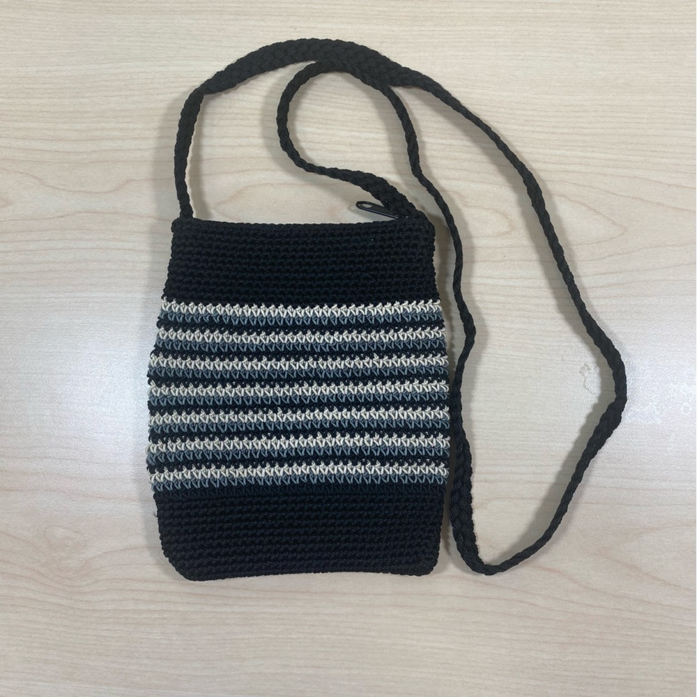 Black and White Striped Crochet Crossbody Bag